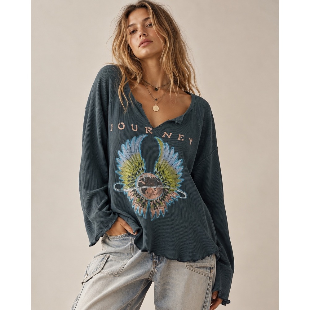 DAYDREAMER FOR FREE PEOPLE Journey Thermal Graphic Waffle Knit Longsleeve Cotton